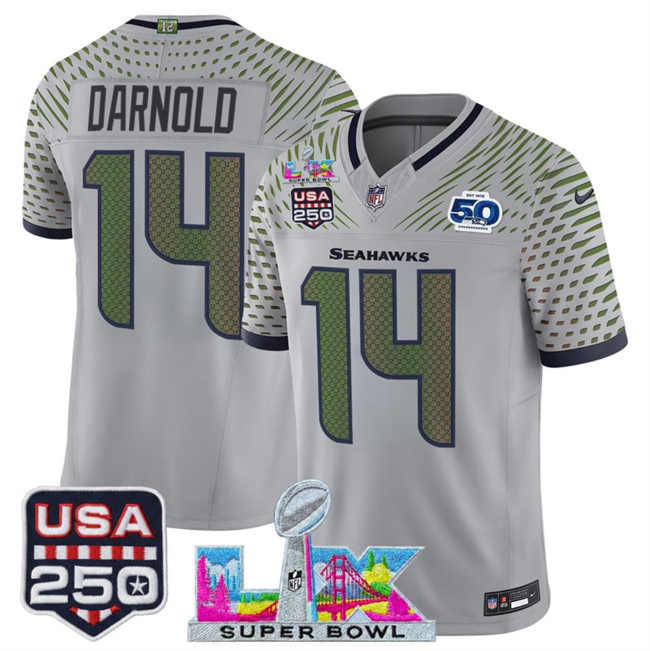 Men's Seattle Seahawks #14 Sam Darnold Gray 2025 F.U.S.E. Super Bowl LX & US 250th anniversary Patch And 50th Season Patch “Rivalries” Vapor Limited Football Stitched Jersey